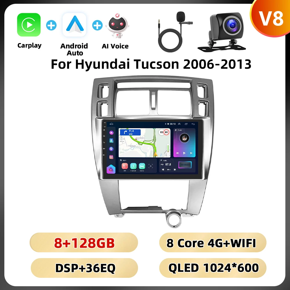 Podofo 8 128G 2din Autoradio Voor Hyundai Tucson 2006-2013 Multimediaspeler Carplay Android Auto Gps 8Core Dsp Fm Rds Auto Audio