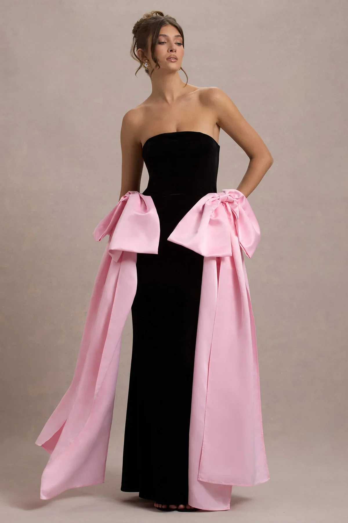 Couture Modest Black Velvet Mermaid Formal Dresses With Pink Bow Decoration Strapless Long Women Maxi Dress To Party