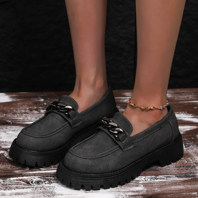 

Women's Fashion Chain Decoration Loafers Slip On Soft Sole Office Work Shoes Woman Black Embroidered Platform Oxfords for Women