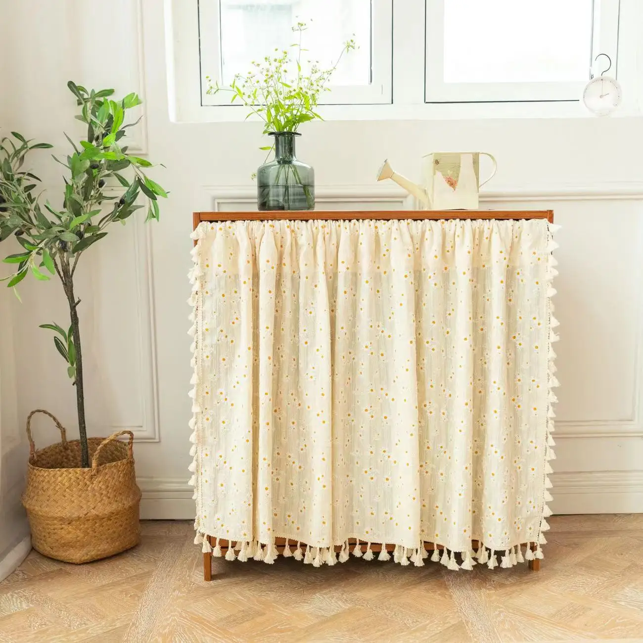 Half Window Curtain,Rustic Cotton,Thread Short Crochet Curtain,For Kitchen Decorative Cabinet Cover,Knitted Pole Piercing Coffee