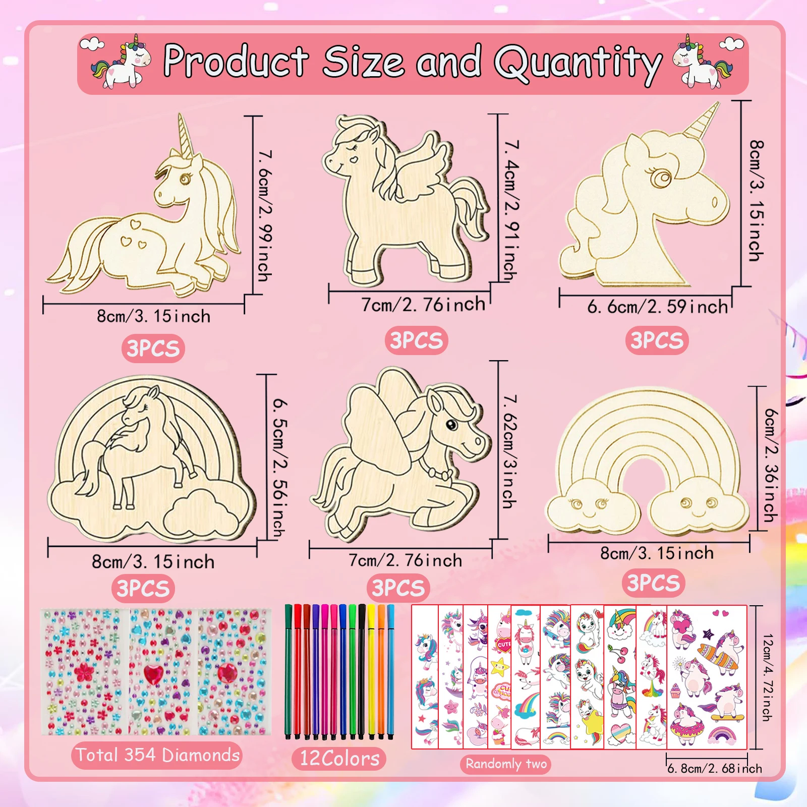 Set artigianale in legno di unicorno da 386 pezzi con 18 pezzi di legno di unicorno, 354 strass, 12 matite colorate, 2 adesivi, artigianato fai da te per ragazzi/ragazze