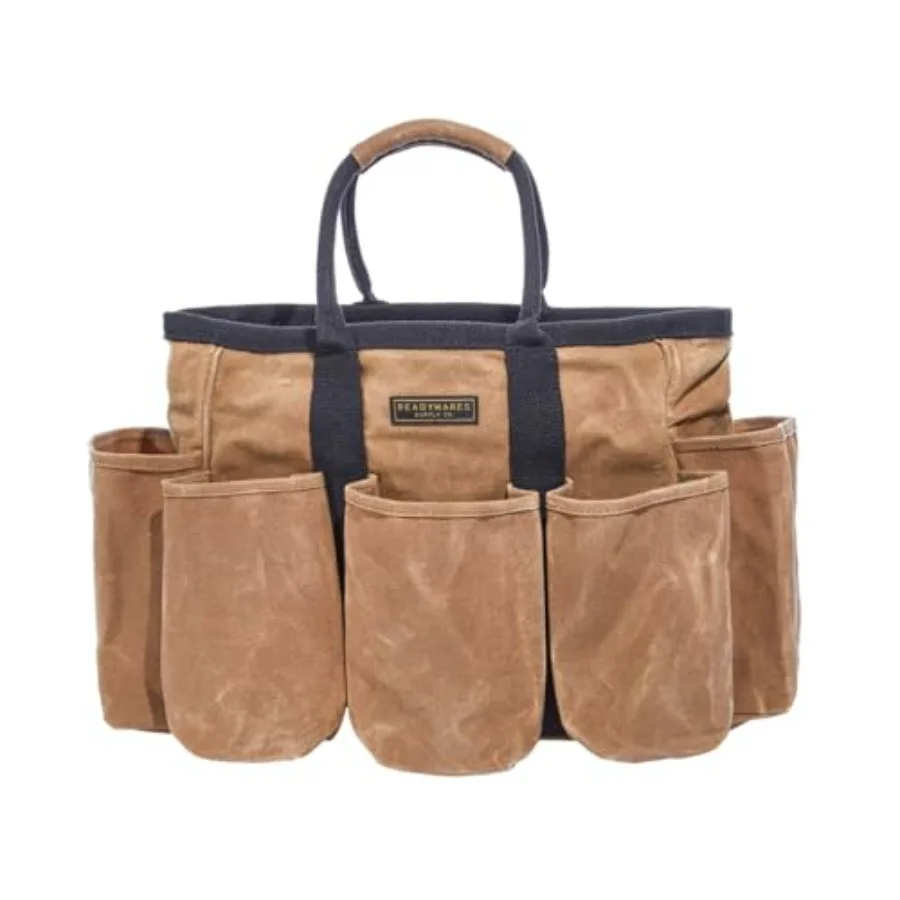 14 حقيبة إمداد قماش مشمع لأدوات الحدائق ومنظم التنظيف وحقيبة تخزين متعددة الاستخدامات مع جيوب باللون البني الثقيل Du #1