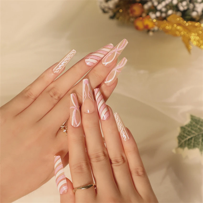 24 pçs/set natal glitter floco de neve usando unhas falsas francês artificial acrílico imprensa em unhas adesivo longo dicas de unhas falsas