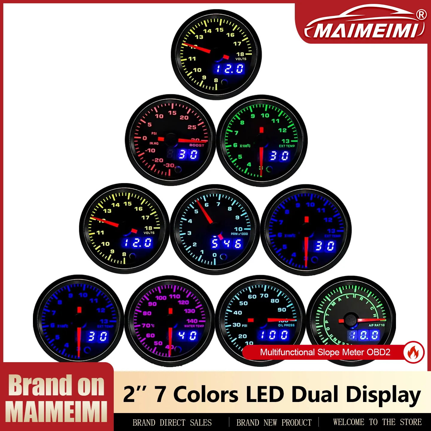 MAIMEIMI 2" 52MM 7 Colors LED Dual Display Boost Water Oil Temp Oil Press Voltmeter Air Fuel Ratio EGT EXT RPM Boost Car Gauge
