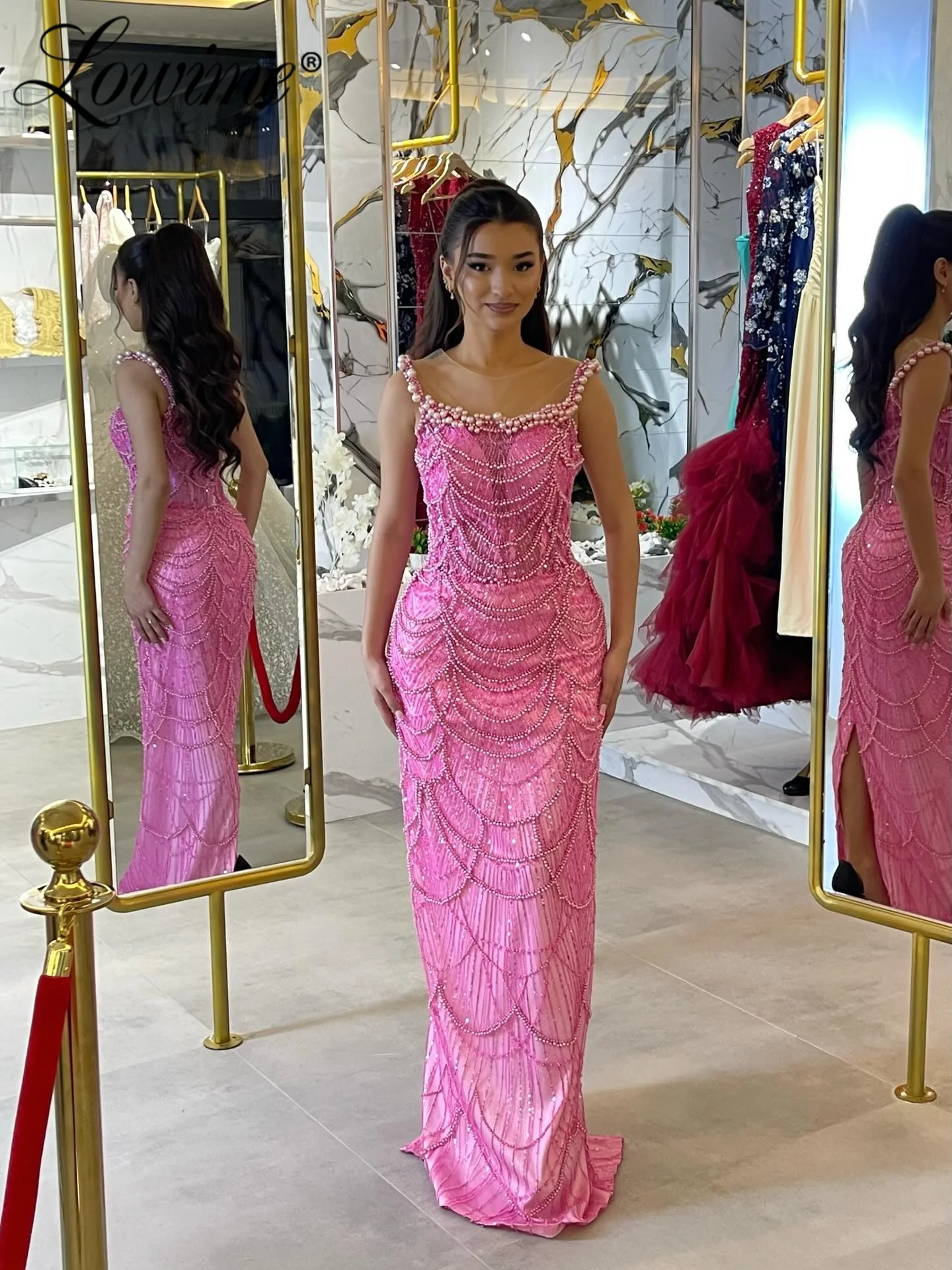 Vestido de Fiesta Rosa con Perlas y Cuentas, Vestidos de Noche Formales Rectos Personalizados para Mujer 2026, Vestido de Cumpleaños Económico, Vestidos para Invitadas de Boda