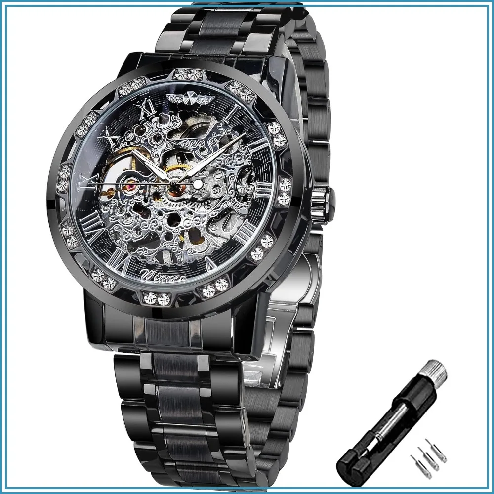 Retro Manual Mechanical Skeleton Watch with Diamond Carving Roman Numerals Men's Wrist Watch