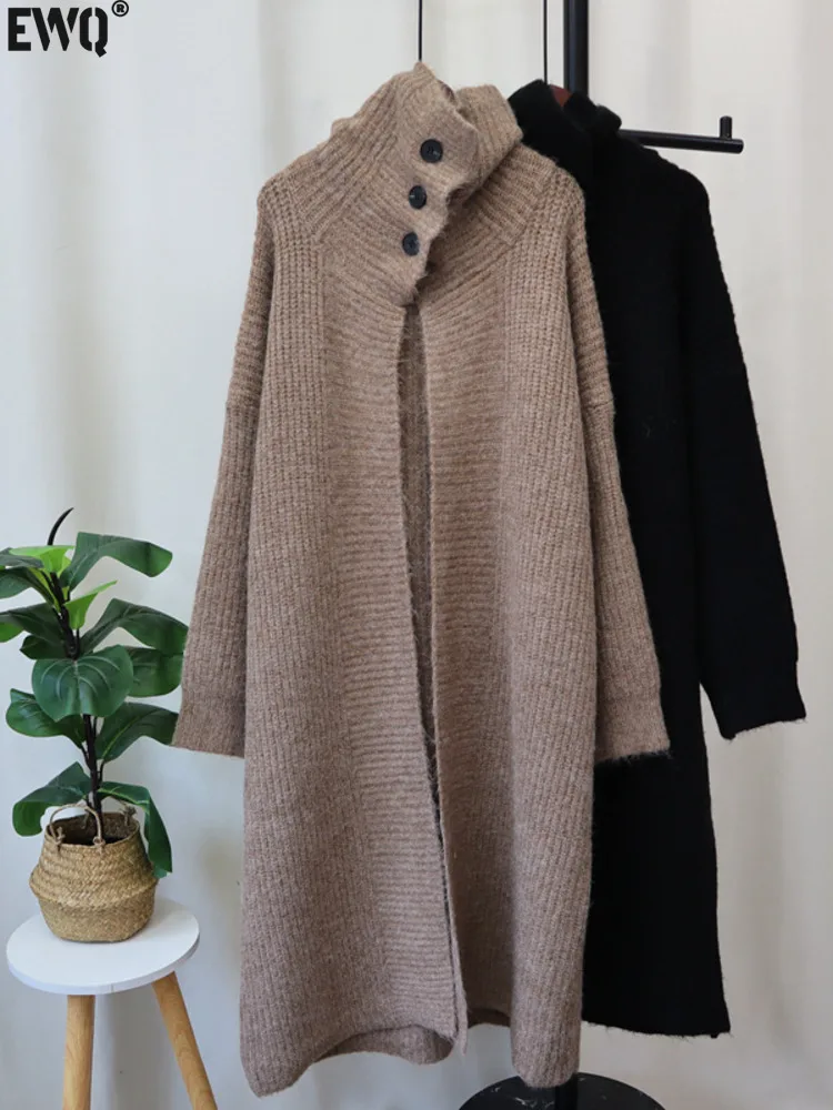 [EWQ] Korean Fashion Style Long Cardigan Coats Big Turn-down Collar Warm Casual Women Knit Coat Winter 2024 Autumn New 16O1746