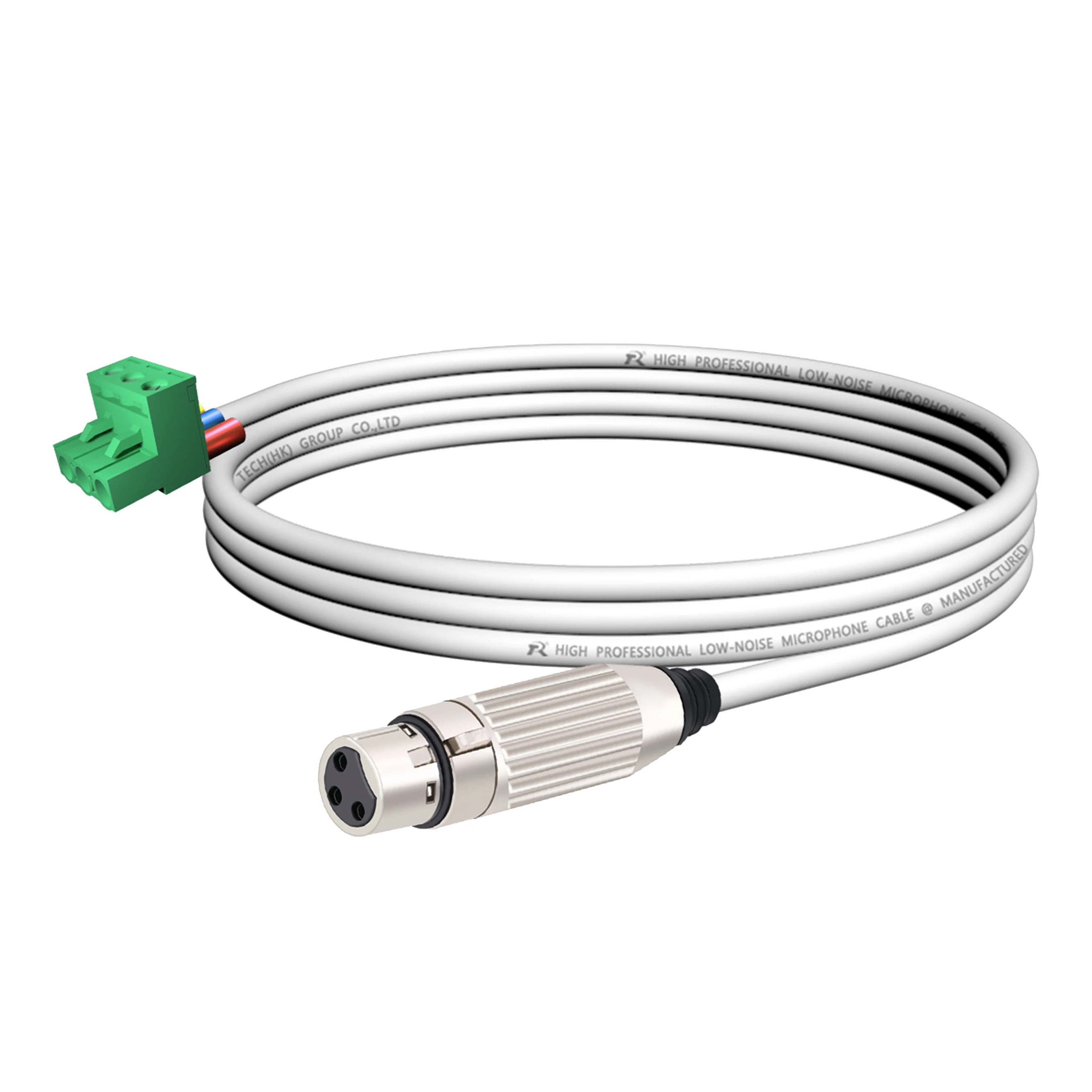 3-poliger Phoenix-Stecker, verbunden mit einem versilberten XLR 3-poligen Stecker, farbcodiertes Kabel, geeignet für professionelle Audiogeräte. – Detail 20