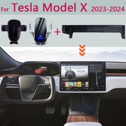 Car Phone Holder For Tesla Model X 2023 2024 Multimedia Screen Fixed Base Wireless Charging Stand Car Phone Mounts Storage Box