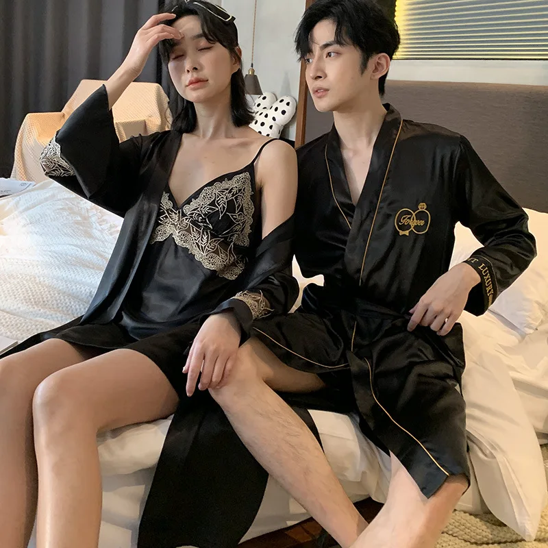 FZSLCYIYI 여름 새틴 Homewear 남자 로브 짧은 세트 Sleepwear 여자 레이스 패치 워크 가운 Nightdress 세트 커플 잠옷