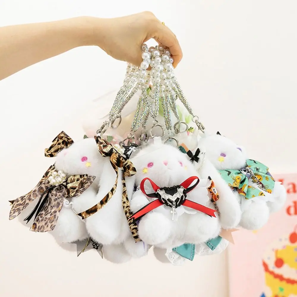 Porte-clés lapin en peluche, robe de princesse en perles, poupée lapin de dessin animé, Kawaii, doux, oreille tombante, pendentif lapin