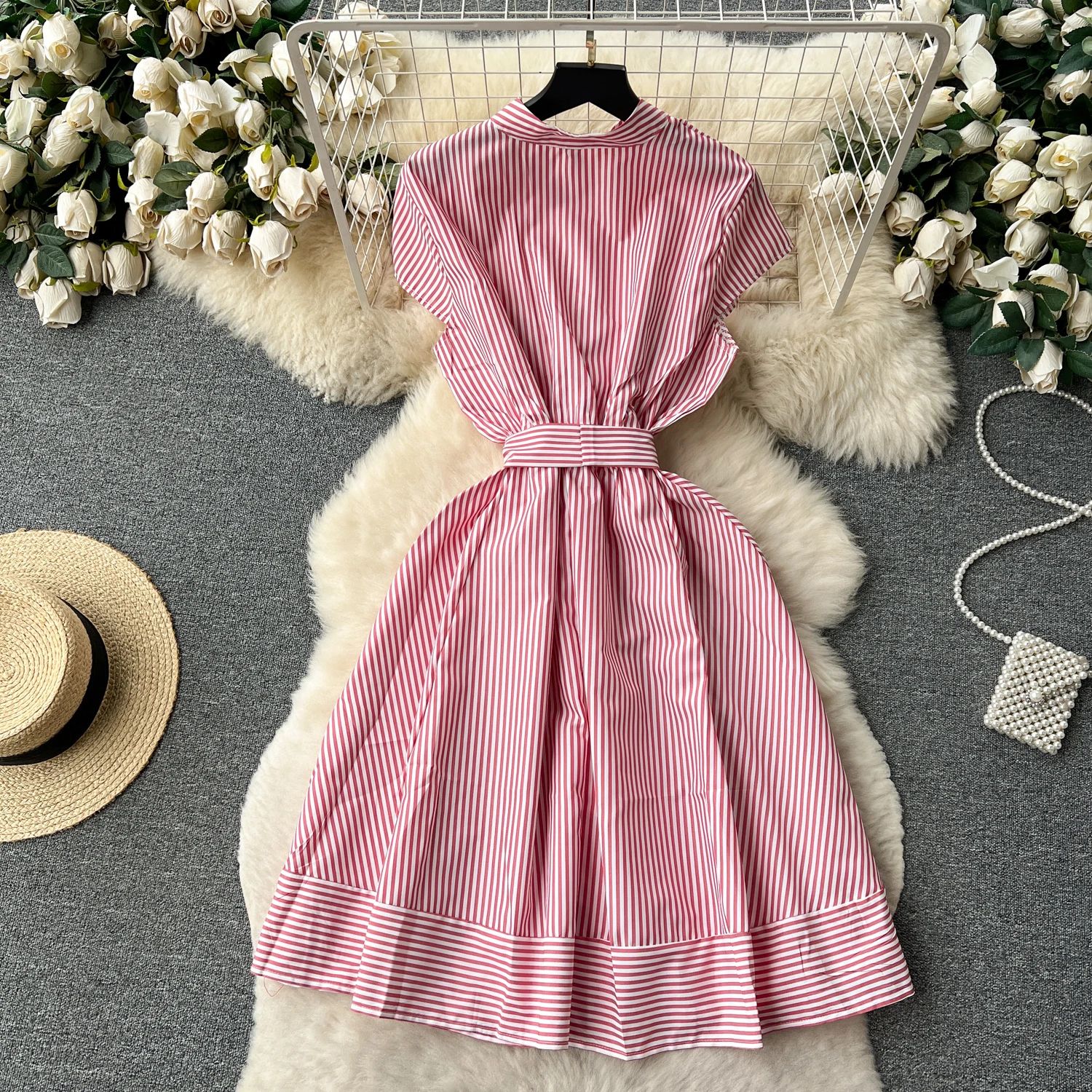여성 스트라이프 셔츠 드레스 라운드 칼라 싱글 브레스티드 레이스업 타이트 허리 A라인 2025 여름 오피스룩 원피스
