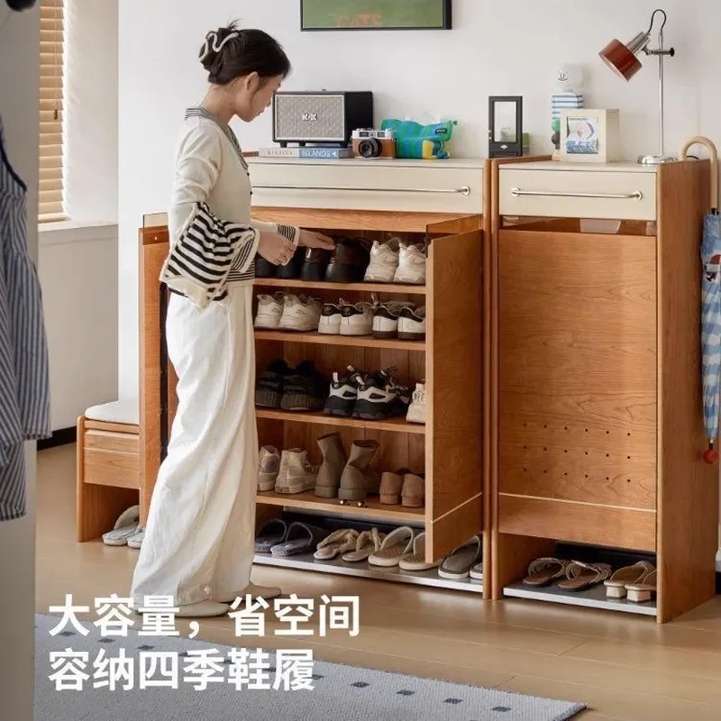 Mortise and Tenon Solid Wood Shoe Cabinet Japanese Style Small Entryway Storage for Apartment Cherry Wood Edge Design
