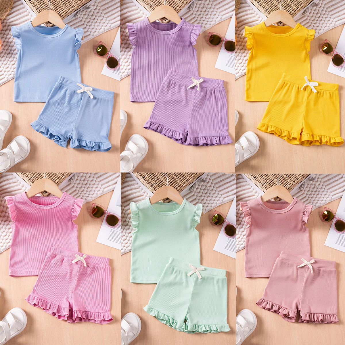 Girls Solid Casual Outfits Fashion Fly Sleeves Tops+Ruffles Shorts Clothes Sets Baby Girls  Lovely Summer Clothing