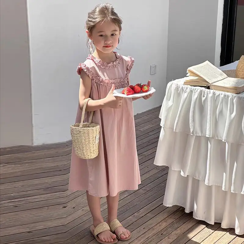 

Sweet Ruffles Collar Little Girls Sleeveless Dress Children Summer Vestidos Soft Breathable Toddler Casual Dresses 1-7Years