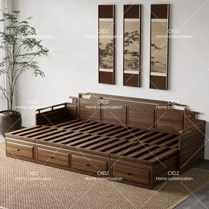New Chinese Style Solid Wood Retractable Arhat Bed Push Pull Sofa with Storage Box Living Room Extended Combination Bed Elm
