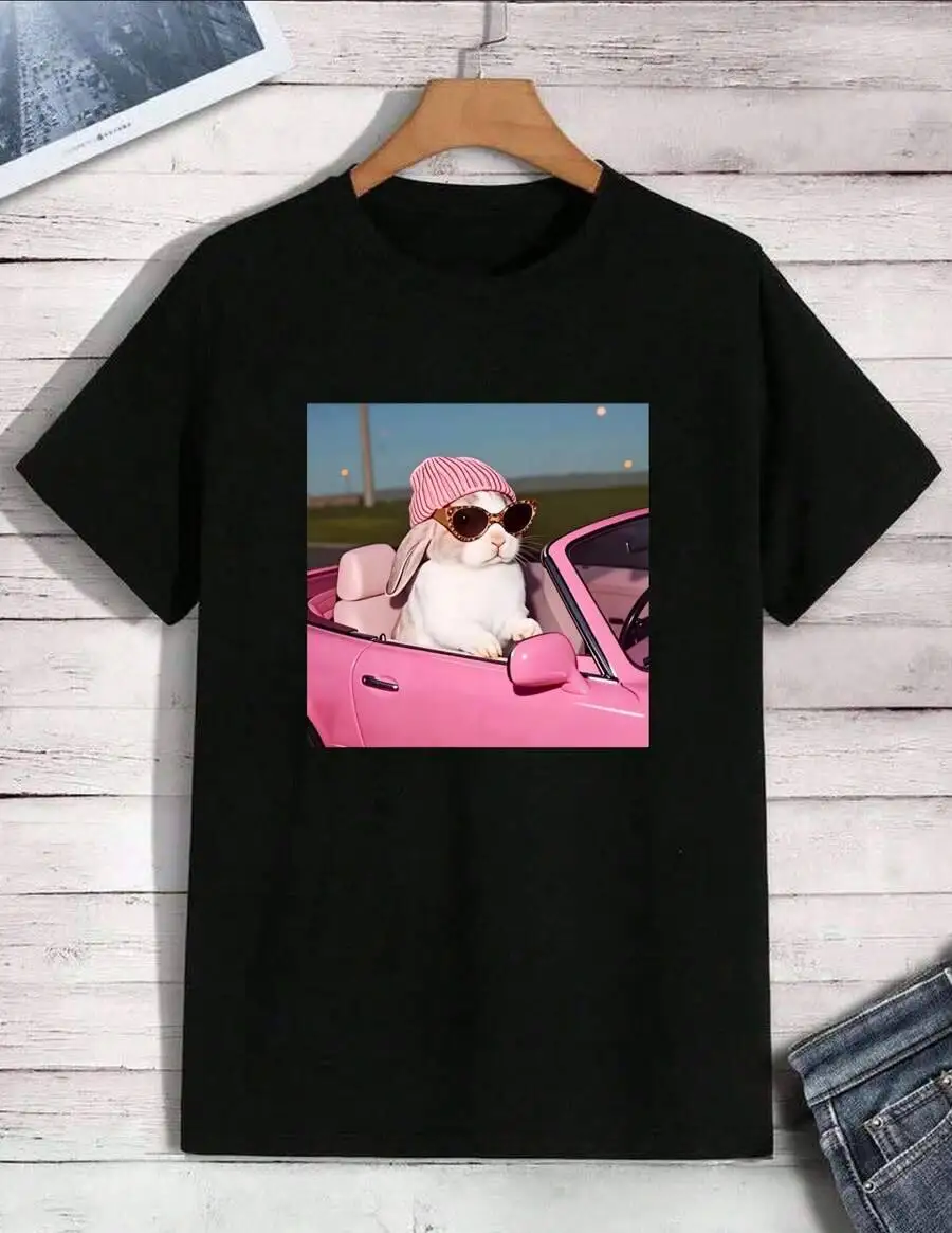 Bunny Driving Car T-Shirt Funny Cute Rabbit Pink Convertible Graphic Tee Tops 100% Cotton Trendy Y2K Short-Sleeve Tee-Soft,