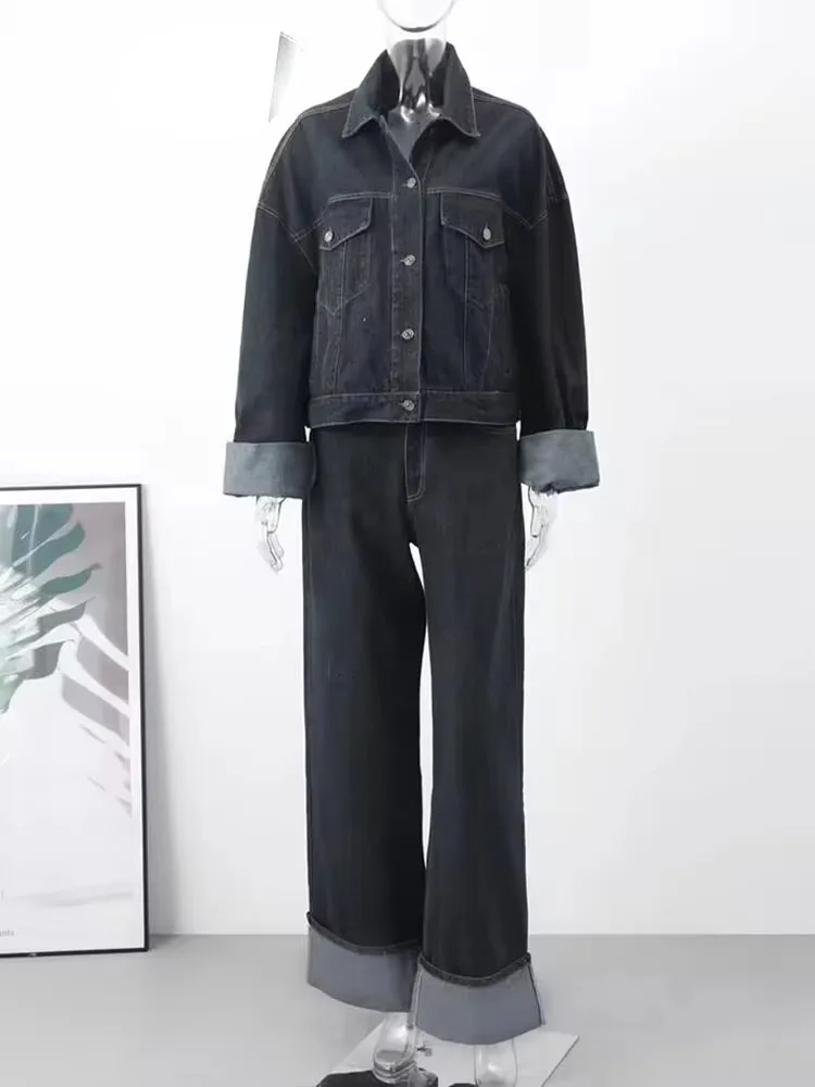 Autumn Fashion Women Denim High Waist Wide Leg Pants+Female Long Sleeve With Flap Pockets Cropped Coat Two Pieces Set