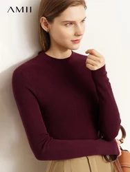 AMII Minimalism Pullover Sweaters Women Autumn 2022 Warm 100% Wool Mock Neck Solid All-match Slim Basic Knitted Tops 12270297