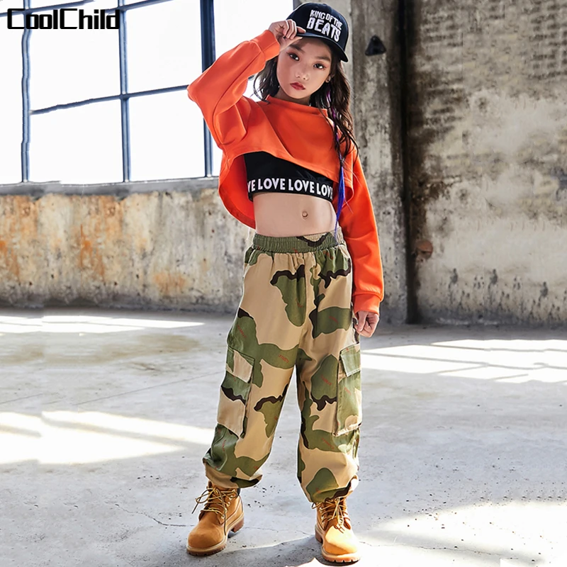 Hip hop meninas moletom camuflagem calças de carga crianças colheita superior rua dança corredores criança jazz roupas define criança palco streewear