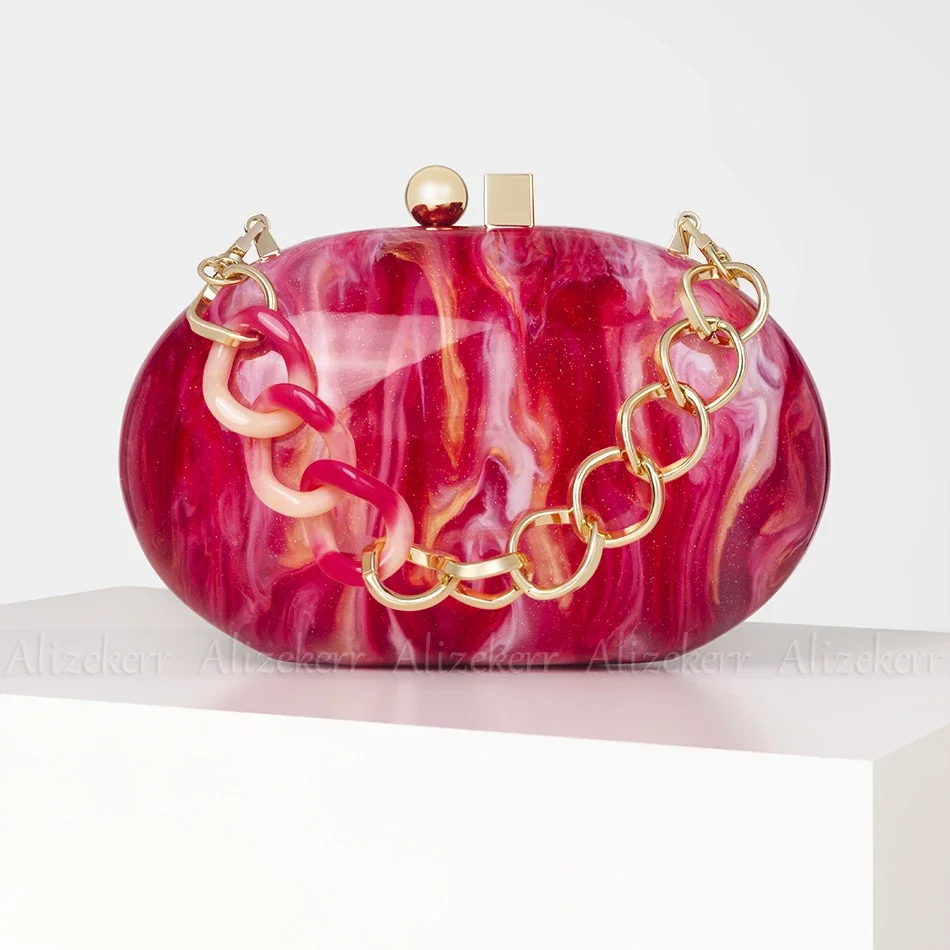 Oval Acrylic Evening Clutch Bags Women Luxury Elegant Boutique Acrylic Chain Colour Sequined Purses And Handbags Wedding Party