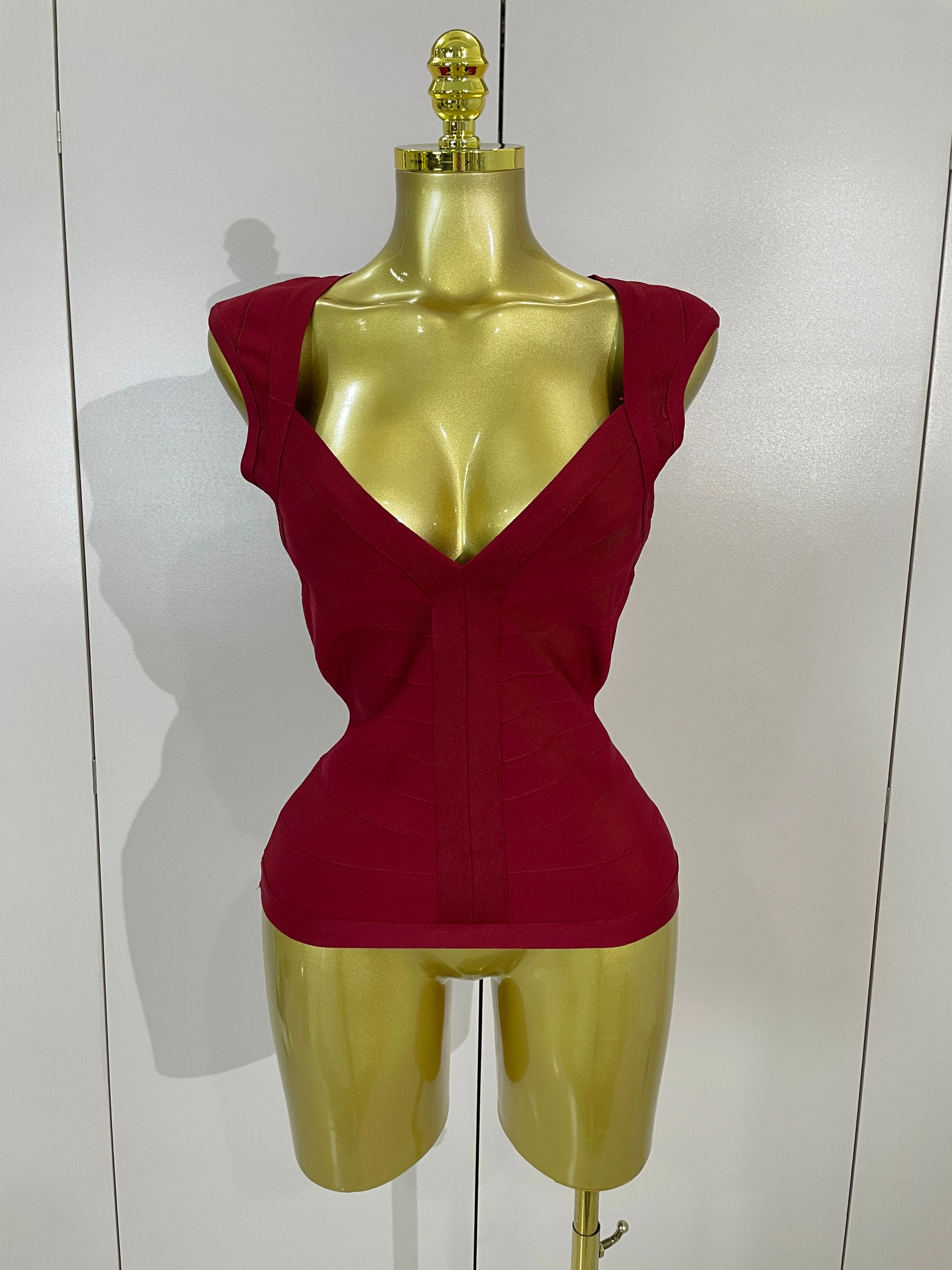 Sexy Sleeveless Deep V-neck Bodycon Bandage Vest Top Women Elegant Solid-color Evening Birthday Party Club Gown Stage Outfit