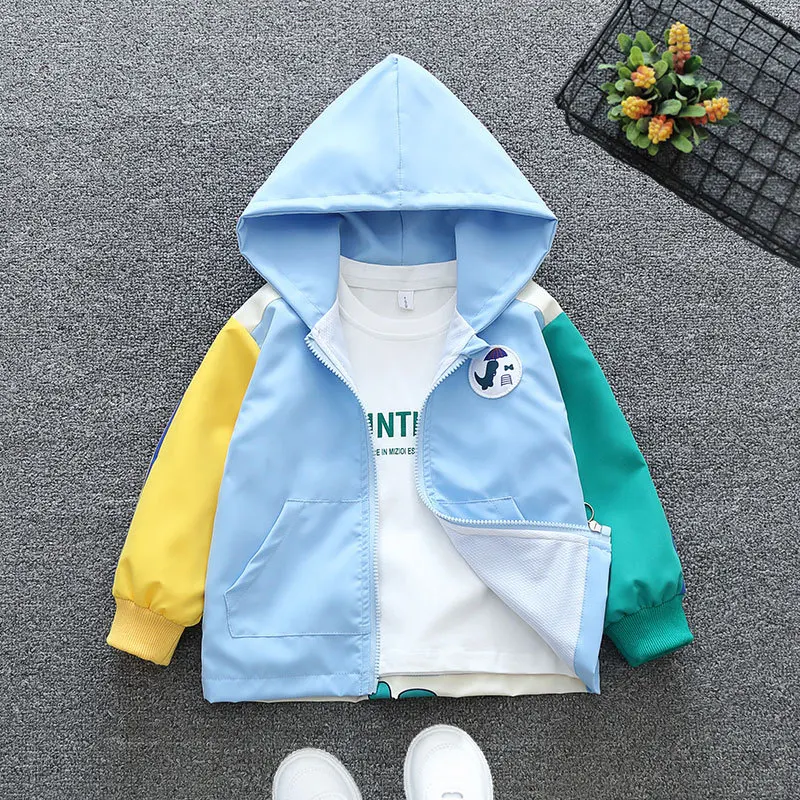 Spring Autumn New Boys Jacket Cartoon Dinosaur Pattern Patchwork Hoodie Coat For 2 3 4 5 6 Years Kids Fashion Outerwear Clothing