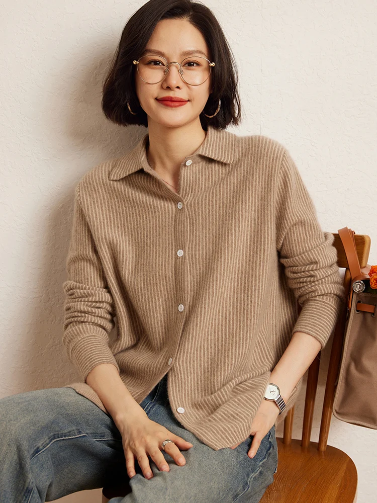 Nowy Elegancki Damski Sweter Kaszmirowy 100% Pionowe Paski Kołnierzyk Koszulowy Kaszmirowe Guziki Kardigan Biurowy Jesienno-Zimowy Wygodny Top