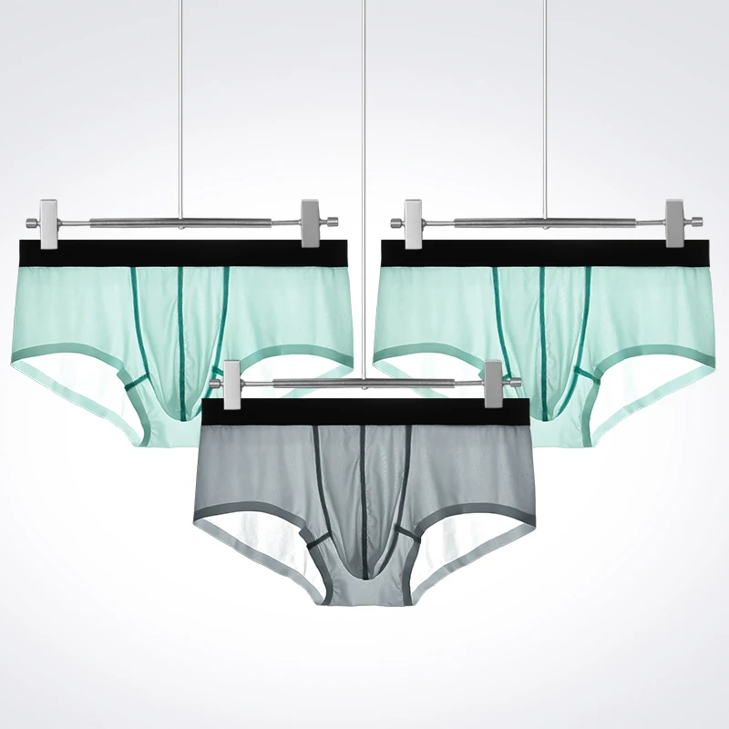 3 قطع ملابس داخلية للرجال: سراويل داخلية صيفية رفيعة للغاية من الحرير الجليدي بدون خياطة للرجال، شورت شفاف للرجال