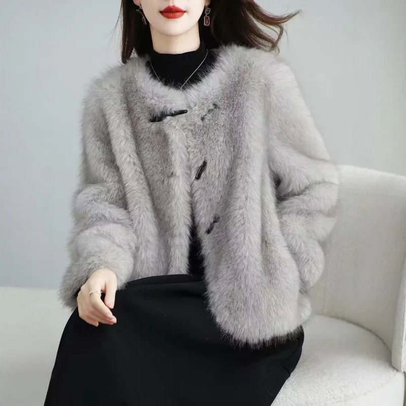 2026 Autumn Winter New Women's Fashion Coat, Short Crew Neck, Youth Artificial Fur, Environmentally Friendly Mink, Elegant Coat.