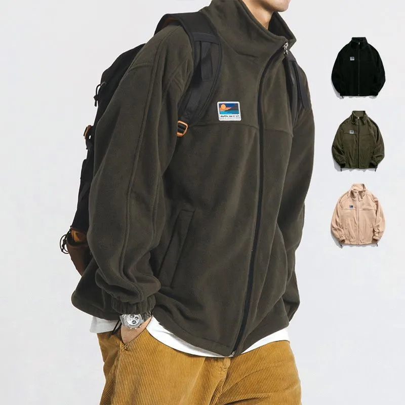 Men Casual Loose Polar Fleece Jacket Stand Collar Full Zip Drawstring Hem Solid Color Outdoor Daily Wear Fleece Outerwear
