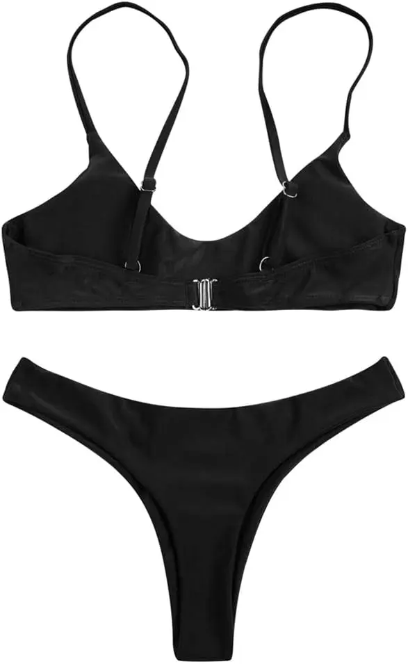 Women's Solid Scoop Neck Push Up Padded Brazilian Thong Bikini Swimsuit Bathing Suit