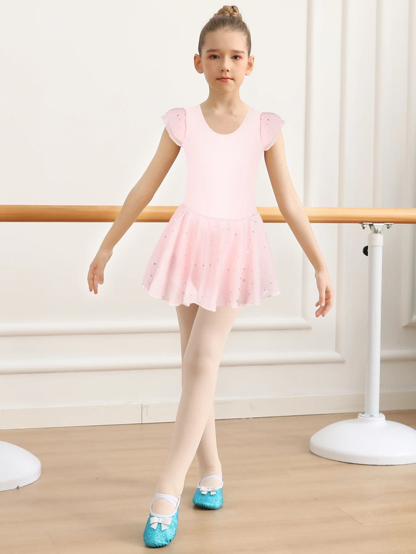 Girls Ballet Leotard Shiny Ruffle  Sleeve Dance Dress with Criss-Cross Back Toddler Ballerina Outfits