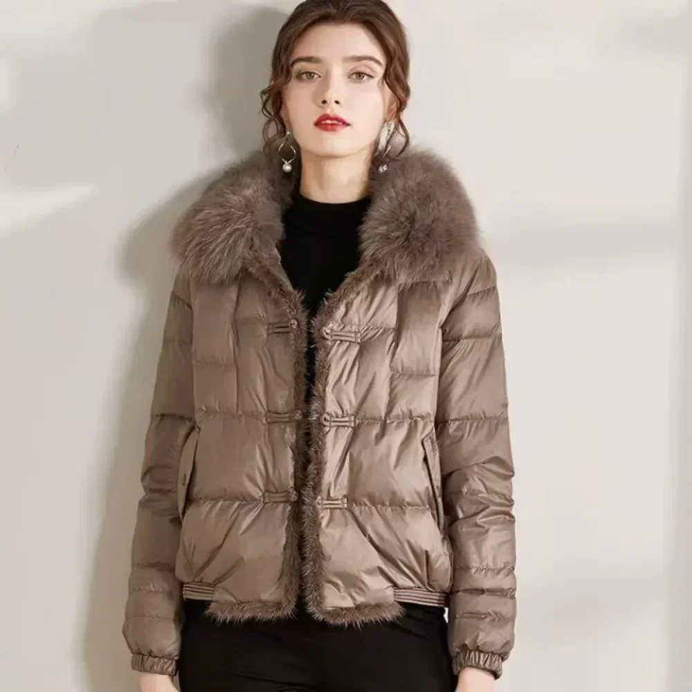 2024 Real Fox Fur Collar Winter Women White Duck Down Jacket Ladies Short Warm Puffer Coat Female Loose Vintage Parka Outerwear