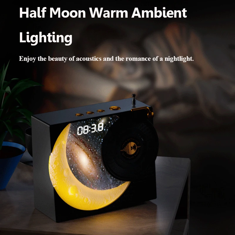 Portable Vintage Bluetooth Speaker Half-moon Ambient Light Surround Sound Music Box with LED Screen Support FM Radio Time Displa