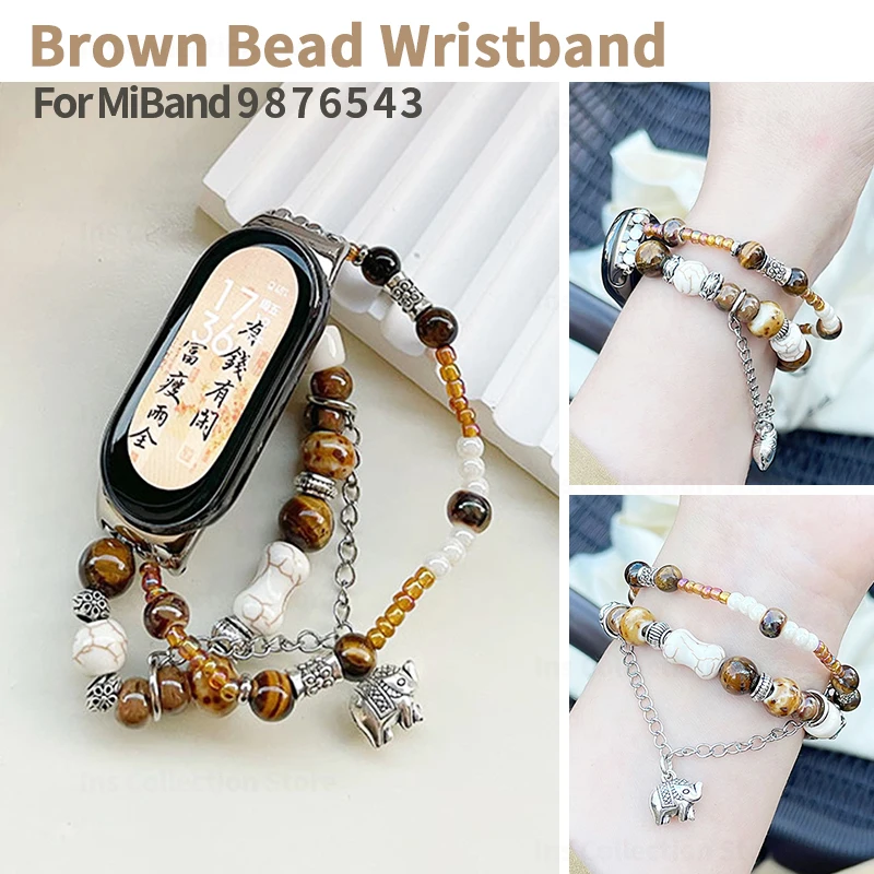 

Brown Bead Wristband for Xiaomi Mi Band 9 8 7 6 5 4 3 Handmade Jewelry Bracelet for Mi Band 6 Replacement Strap Elephant Pendant