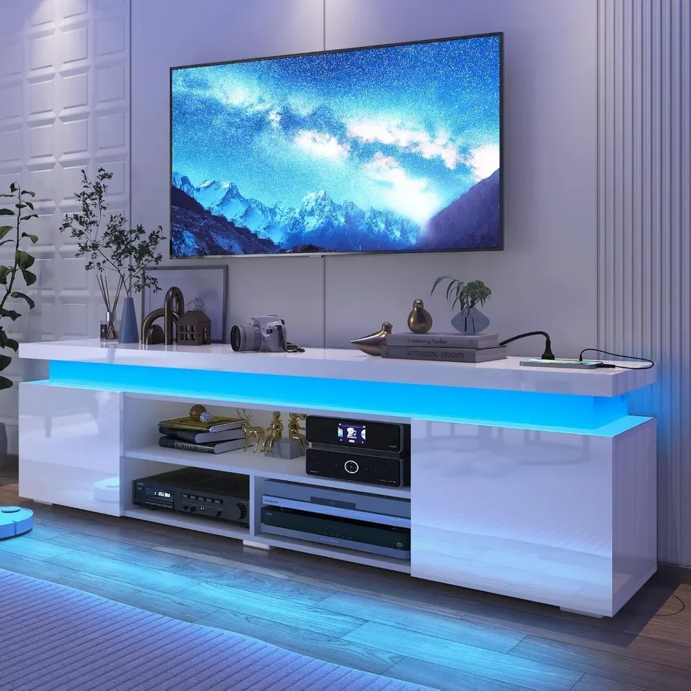 

TV Stand for 85 Inch TVs, Entertainment Center with Power Outlet, Storage and LED Lights, Modern High Gloss Gaming TV Stand