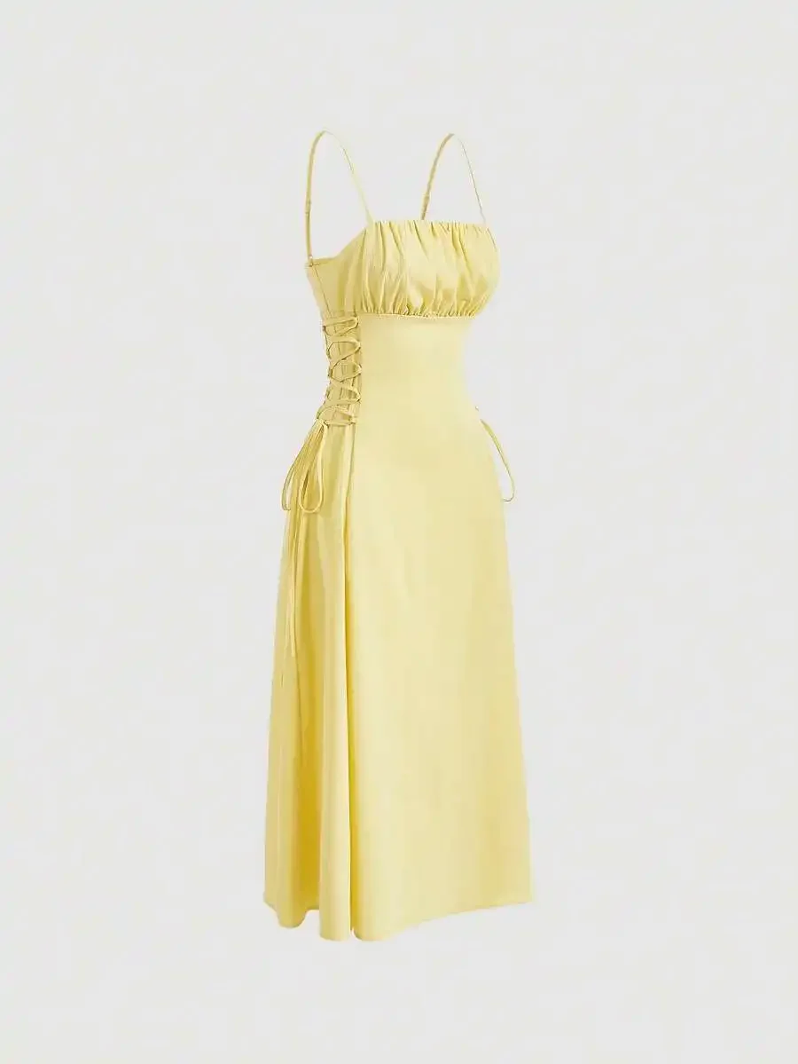 

Solid Ruched Bust Lace Up Side Formal Cami Long Dress For Women