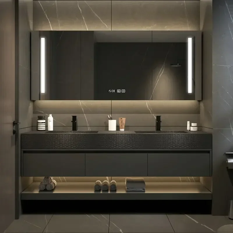 Modern Black Bathroom Cabinets Slate Integrated Seamless Washbasin with Drawers Bathroom Vanity with Sink Bathroom Furniture