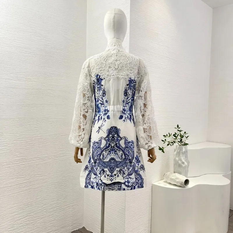 White Blue Floral Print Long Sleeve Lace Embroidery Mini Dress Elegant Ladies Holiday New High Quality