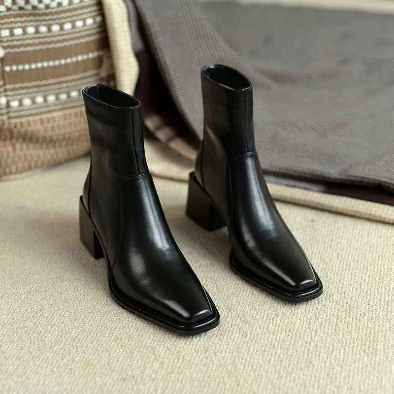 Dilalula Genuine Leather Short Boots Women Square Toe Thick High Heels Women Daily Autumn Winter Chelsea Boots Female 2025
