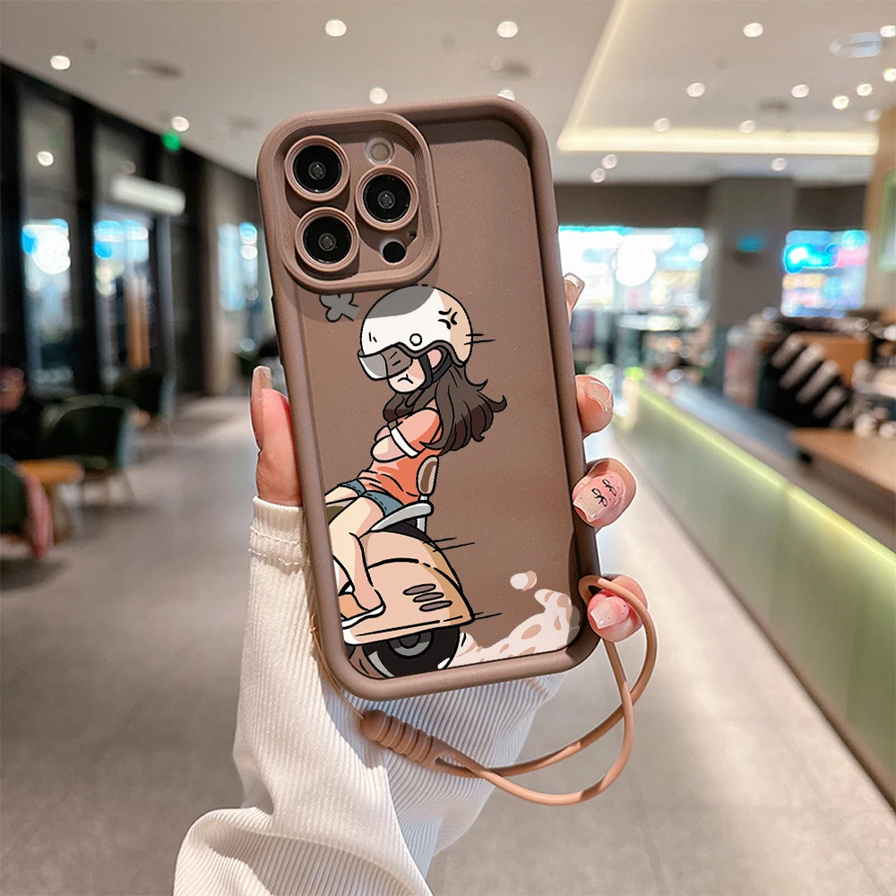 INS Cute Cartoon Riding Couple Phone Case for IPhone 15 14 13 12 11 Pro Max XR XS X 7 8 Plus Soft TPU Back Cover With Hand Strap