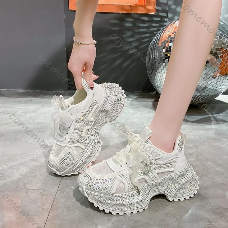 Women's Luxury Shiny Rhinestones Running Shoe Lace Up Casual Sports Thick Sole Vulcanize Footwears Sneakers zapatillas de mujer