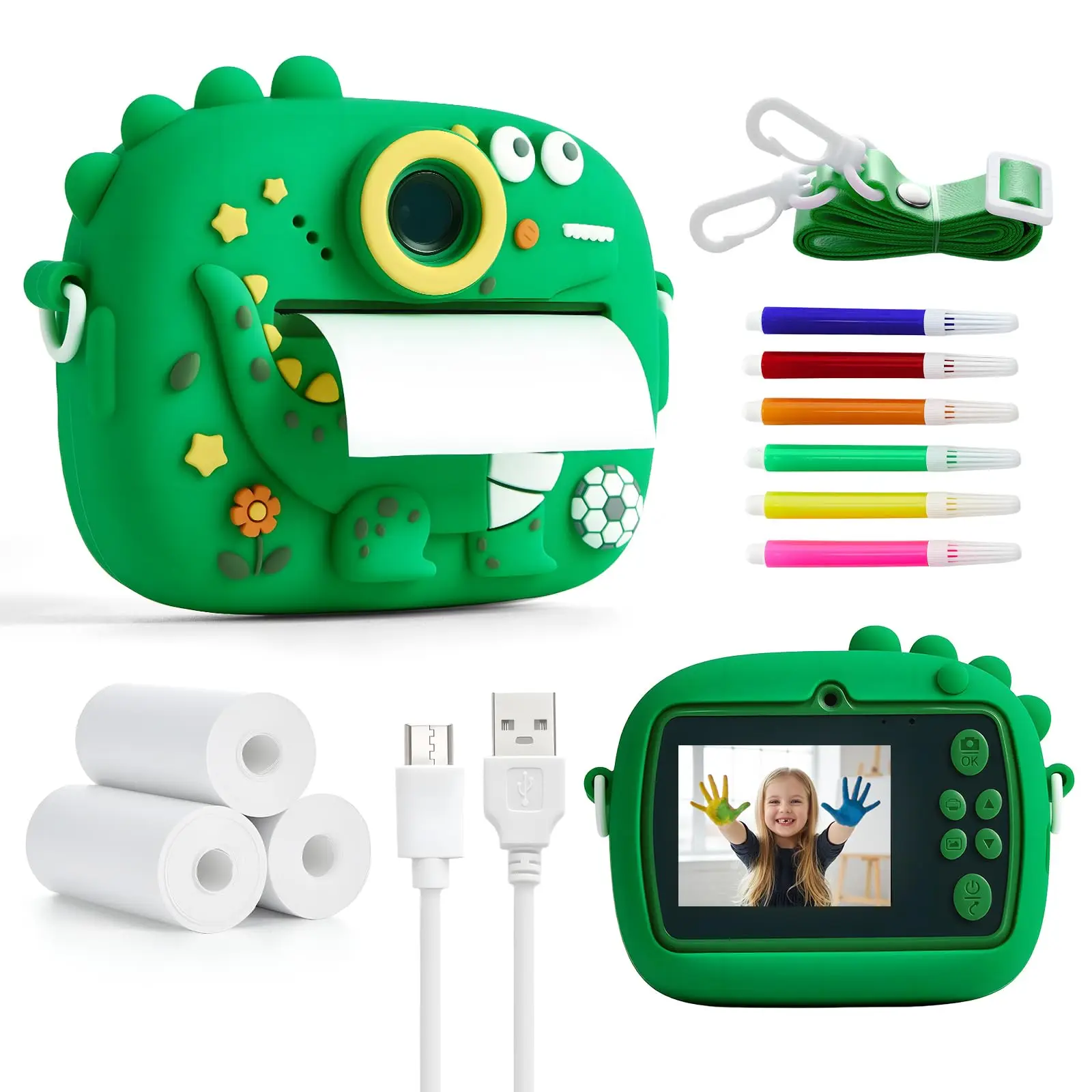Caméra pour enfants avec double caméras avant et arrière 48MP 1080p HD Double caméras avant et arrière, cinq jeux éducatifs Noël, Hallo