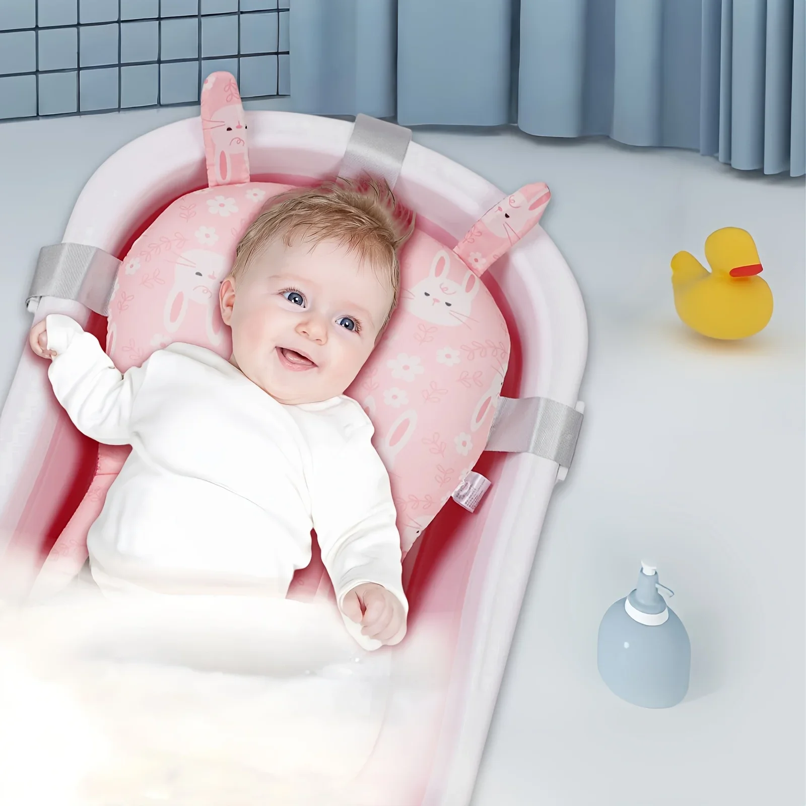 1pc Comfortable Newborn Bath Cushion - Adjustable with Waist & Neck Support Cute Cartoon Bear Rabbit Print Design Perfect Gift