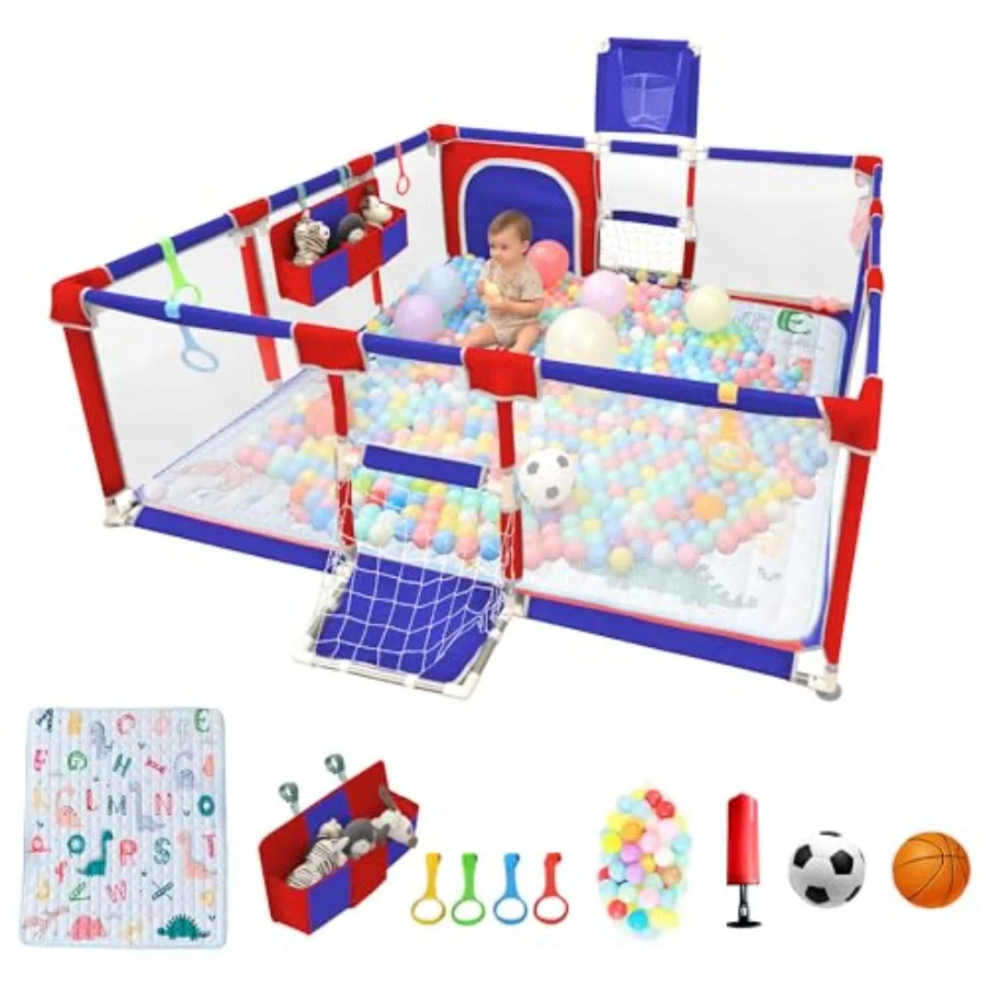 

Baby playpen for indoor and outdoor use, polyester mesh with PP frame, blue and red color, breathable design with hanging ocean