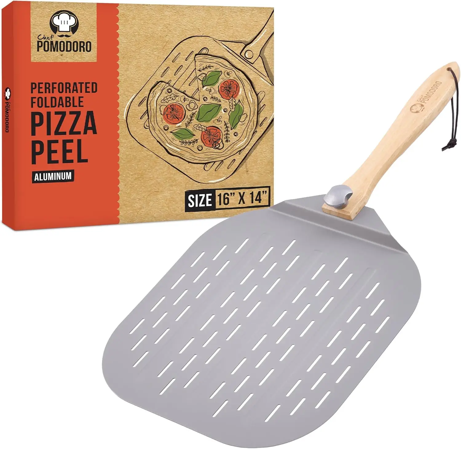 

16-Inch Aluminum Pizza Peel with Foldable Wood Handle for Easy Storage and Baking Homemade Pizzas