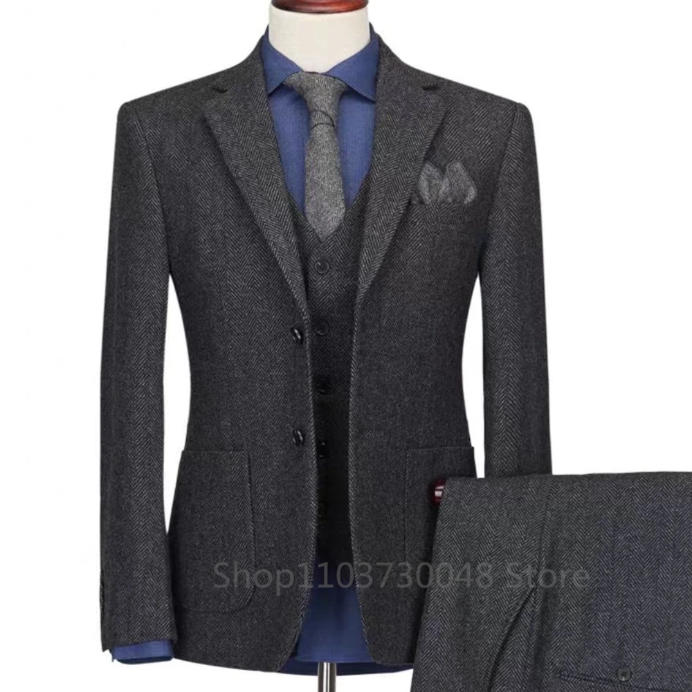 3 Pieces Men\'s Suits Black Tweed Herringbone Slim Fit Business Notch Lapel Two Buttons Jacket Groom Tuxedos (Blazer+vest+Pants)