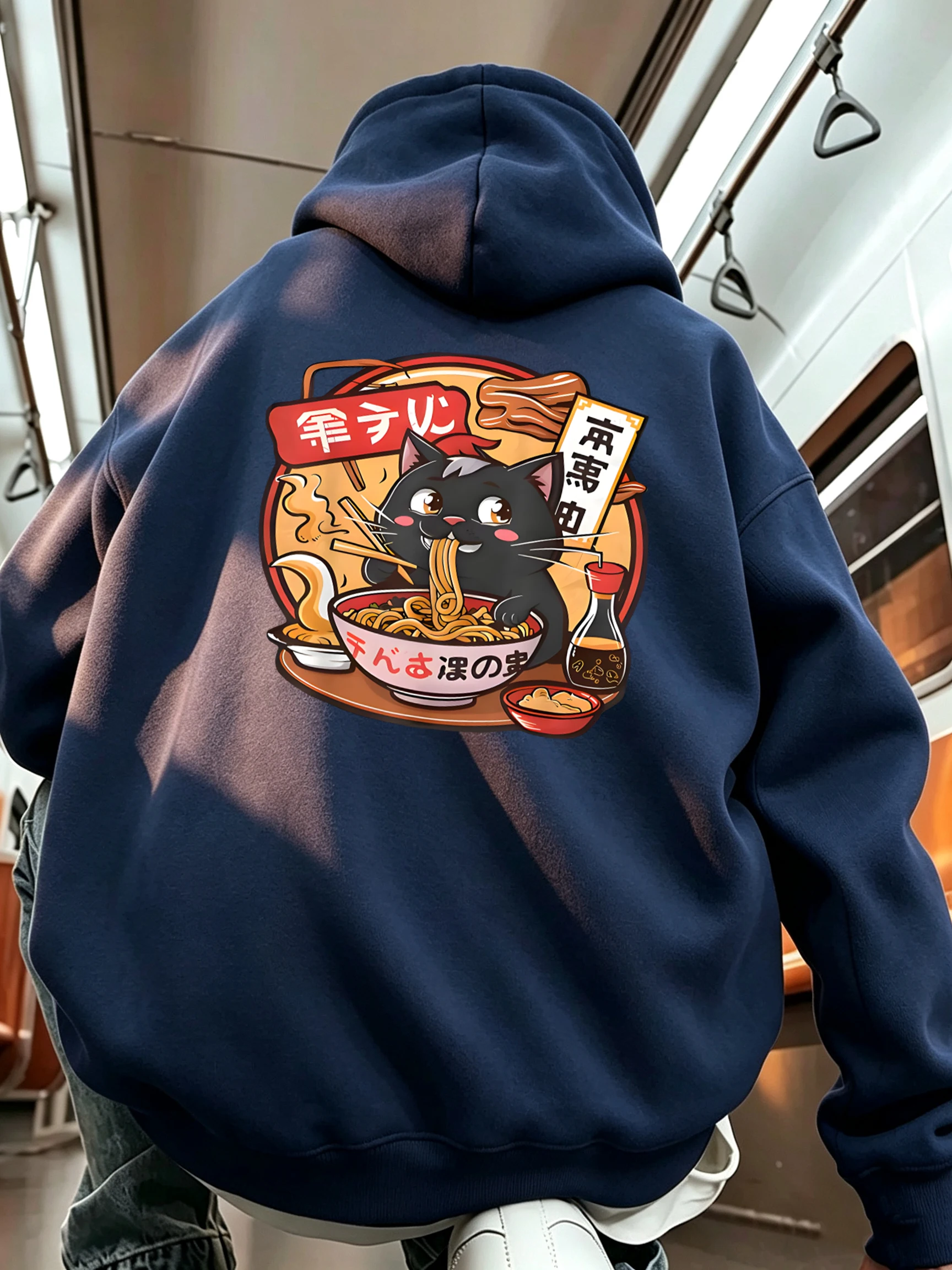 Cat Enjoying Delicious Lamian Noodles Print Mens Loose Hoodie Autumn Casual Pullover All-Match Fleece Tops Comfy Soft Streetwear