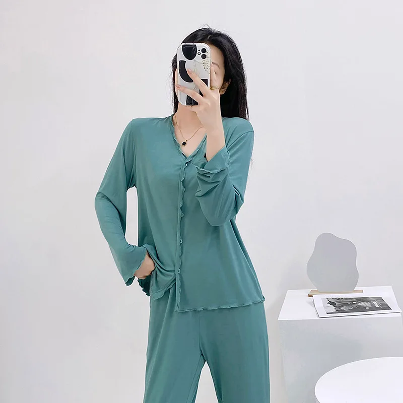 Modal Long Sleeved Pajama Set Loose Casual Cardigan Loungewear Solid Spring Thin Sleepwear Home Wear Intimate Lingerie Nightwear